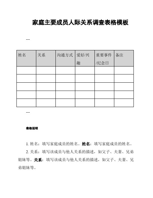 家庭主要成员人际关系调查表格模板