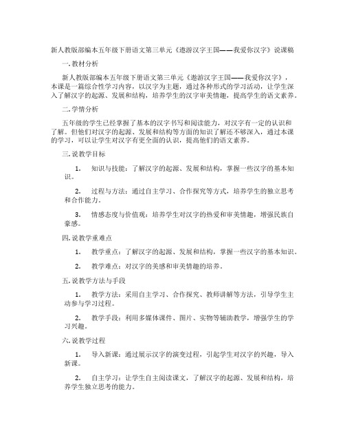 新人教版部编本五年级下册语文第三单元《遨游汉字王国——我爱你汉字》说课稿