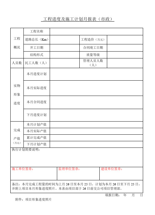 工程进度及施工计划月报表(市政)