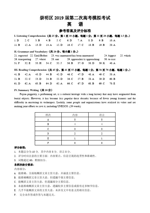 2019上海崇明英语二模试卷答案