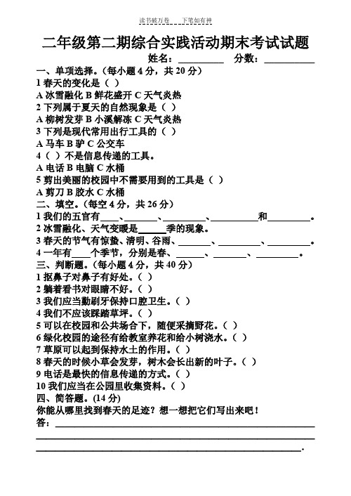 二年级下册综合实践活动考试题