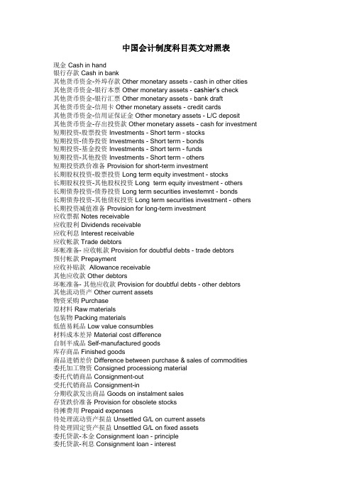 中国会计制度科目英文对照表