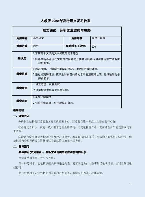 人教版2020年高考语文复习教案《散文阅读：分析文章结构与思路》