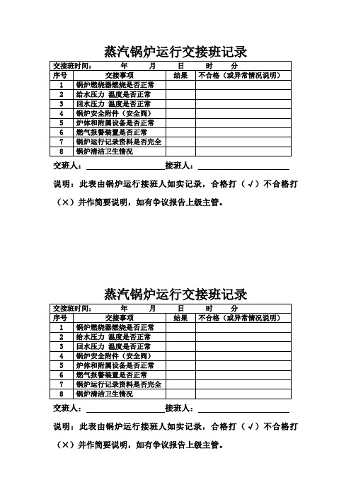 蒸汽锅炉运行交接班记录