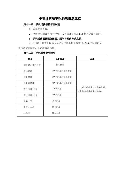 手机话费超额报销制度及流程