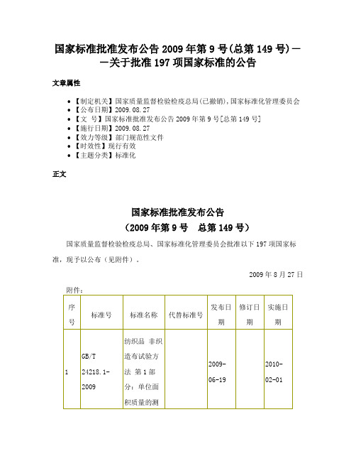 国家标准批准发布公告2009年第9号(总第149号)－－关于批准197项国家标准的公告