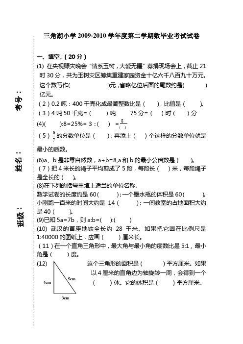 三角湖小学数学毕业考试试卷(定稿)