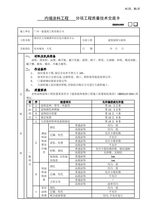 08内墙涂料工程技术交底卡