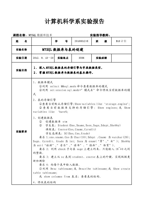 实验报告二MYSQL数据库与表的创建