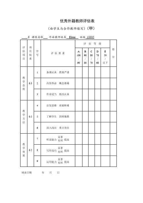 优秀外籍教师评估表