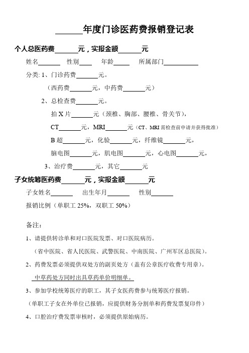 年度门诊医药费报销登记表