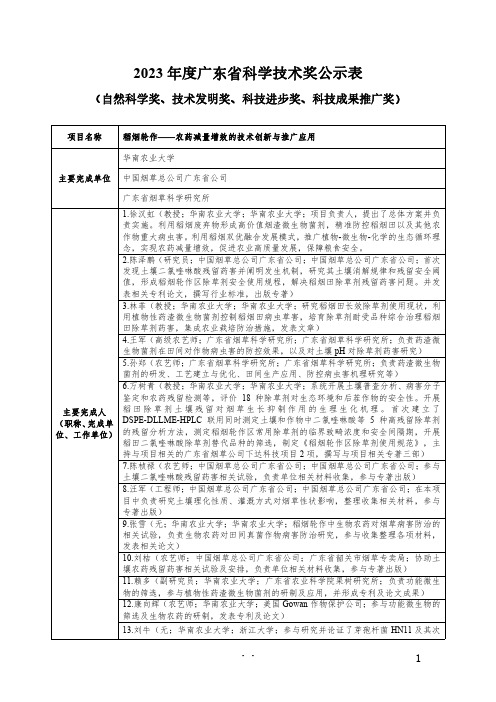 2023 年度广东省科学技术奖公示表 (自然科学奖,技术发明奖,科技进步奖,科技成果推广奖)