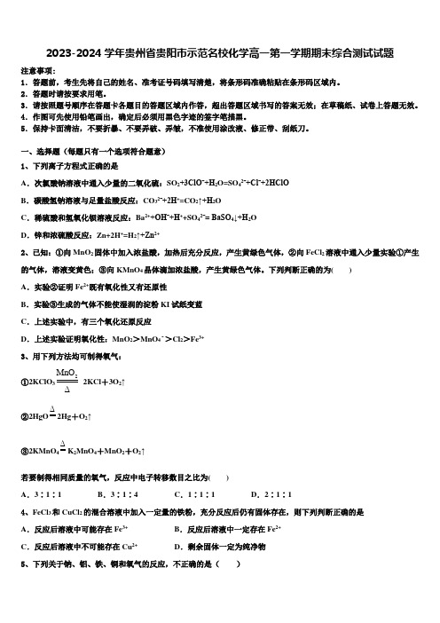 2023-2024学年贵州省贵阳市示范名校化学高一第一学期期末综合测试试题含解析