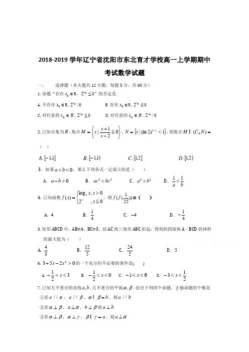 2018-2019学年辽宁省沈阳市东北育才学校高一上学期期中考试数学试题