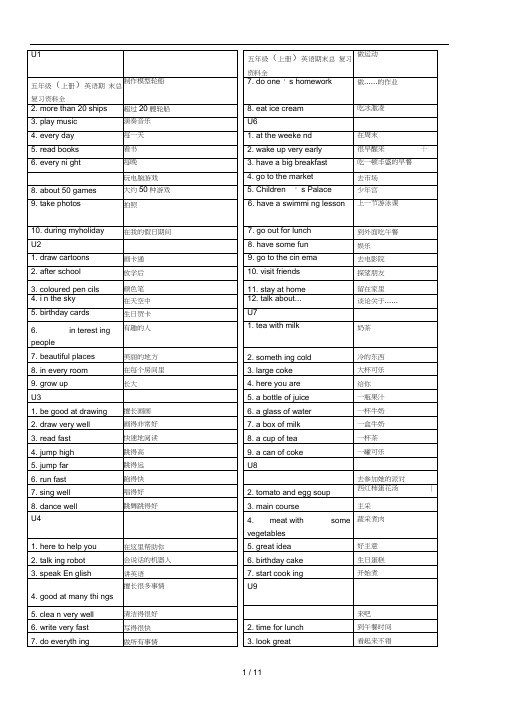 五年级(上册)英语期末总复习资料全