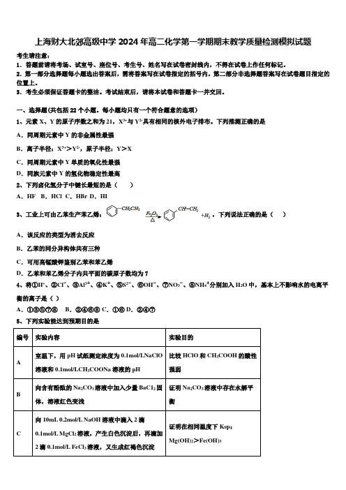 上海财大北郊高级中学2024年高二化学第一学期期末教学质量检测模拟试题含解析