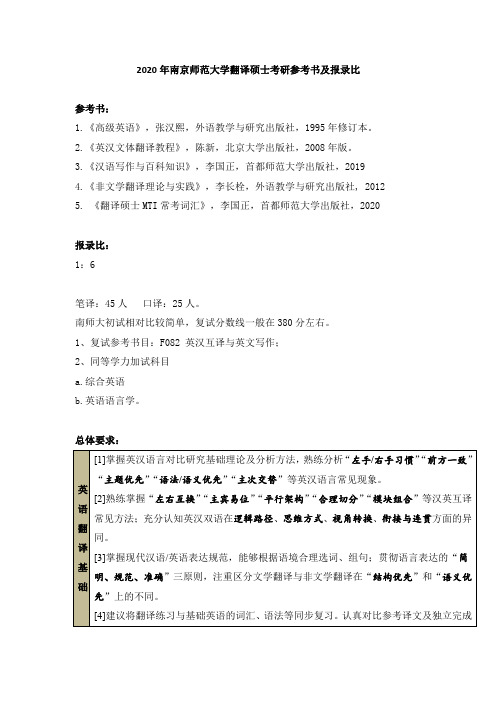 2020年南京师范大学翻译硕士考研参考书及报录比