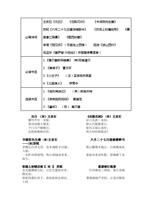 五年级下学期必背诗词