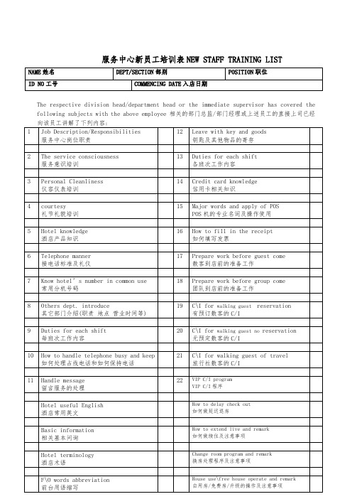 前台新员工培训表(中英文)