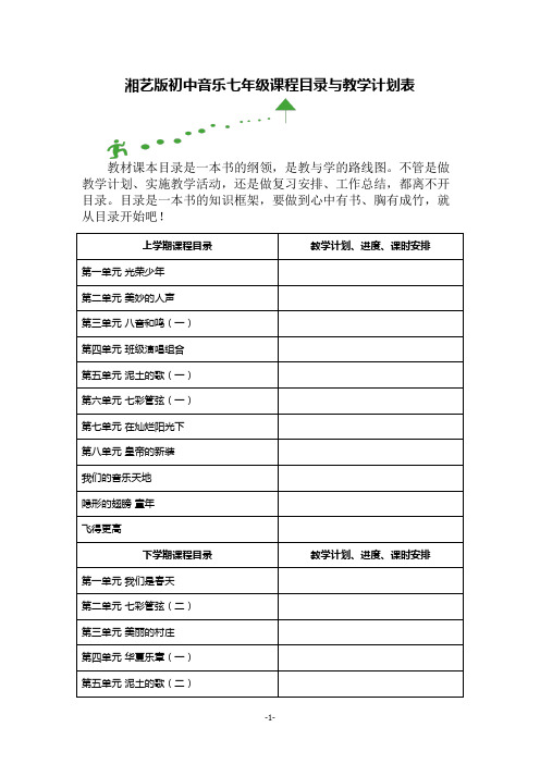 湘艺版初中音乐七年级课程目录与教学计划表