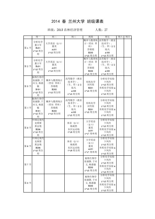 2014春兰州大学班级课表