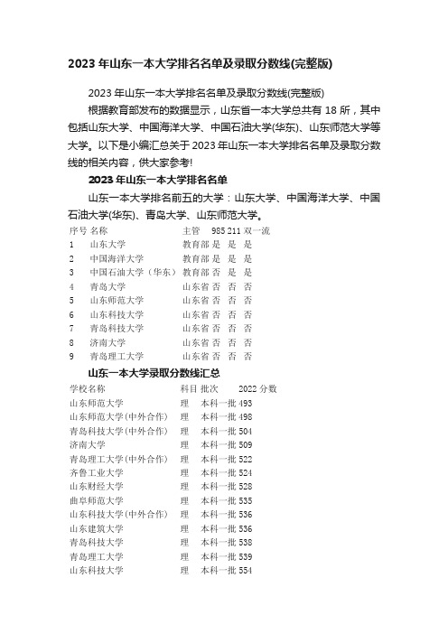 2023年山东一本大学排名名单及录取分数线（完整版）