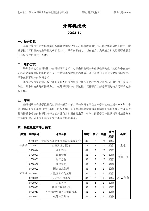 北京理工大学-2016版专业学位硕士研究生培养方案(2017年修订)-计算机技术