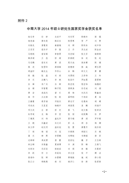 中南大学2014年硕士研究生国家奖学金获奖名单