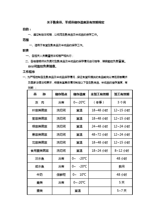 关于熟食品、半成品储存温度及有效期规定