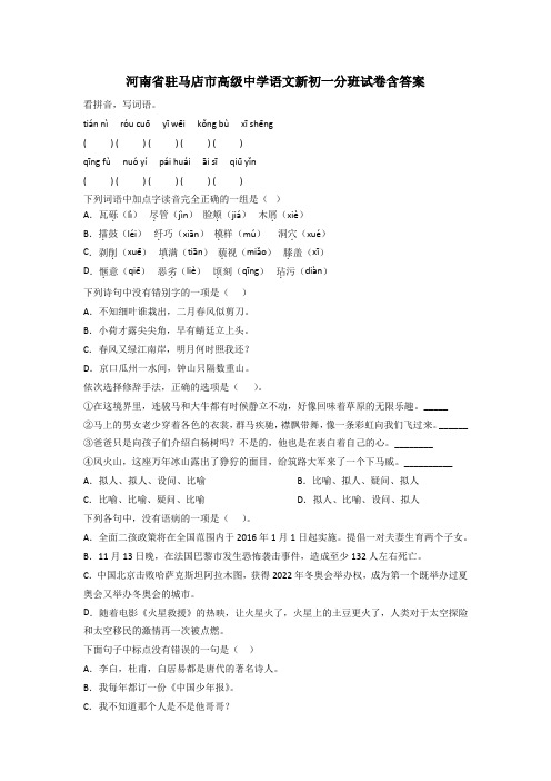 河南省驻马店市高级中学语文新初一分班试卷含答案