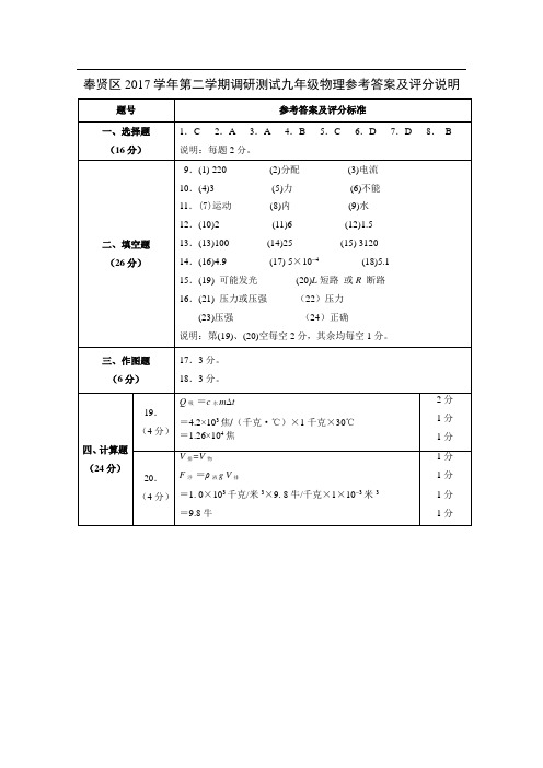 奉贤区2017学年第二学期参考答案及评分说明