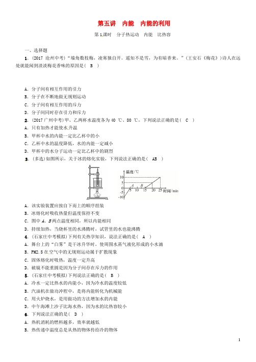 河北省中考物理 第5讲 内能 内能的利用 第1课时 分子热运动 内能 比热容复习练习