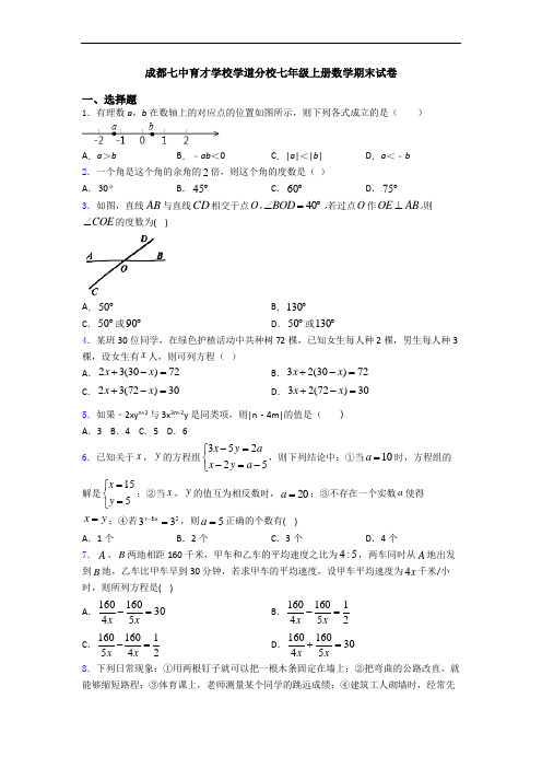 成都七中育才学校学道分校七年级上册数学期末试卷