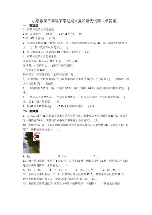 小学数学三年级下学期期末复习培优试题(带答案)