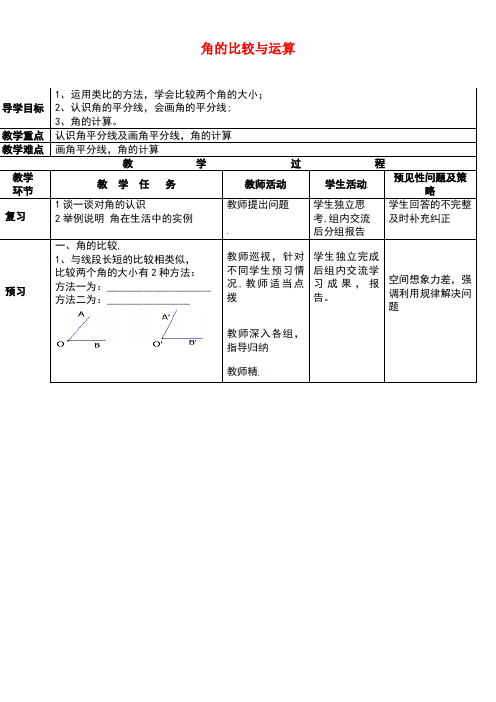 吉林省通化市七年级数学上册《4.3.2角的比较与运算》导学案(无答案)新人教版