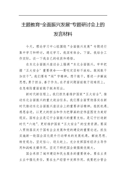 主题教育“全面振兴发展”专题研讨会上的发言材料