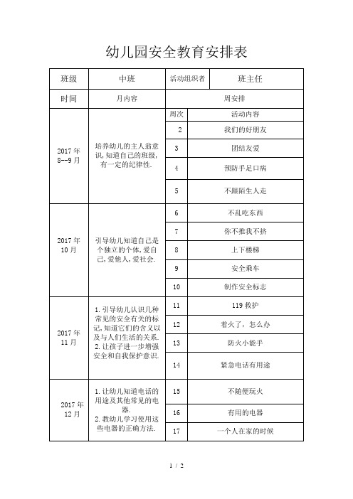 幼儿园安全教育安排表