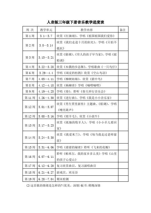 人音版三年级下册音乐教学进度表