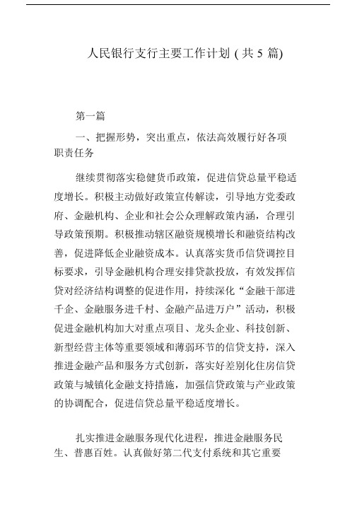 人民银行支行主要工作计划规划方案共5篇精选.docx