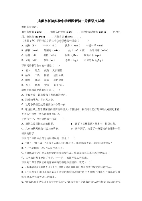 成都市树德实验中学西区新初一分班语文试卷