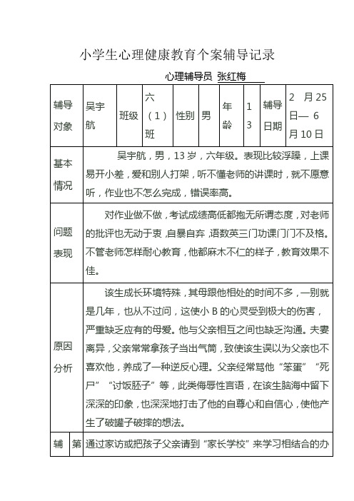 未成年人心理健康维护中心辅导记录