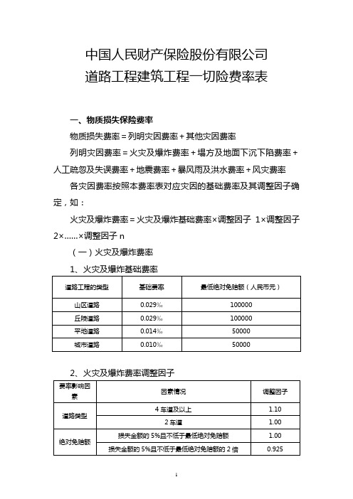 道路工程建筑工程一切险条款的费率