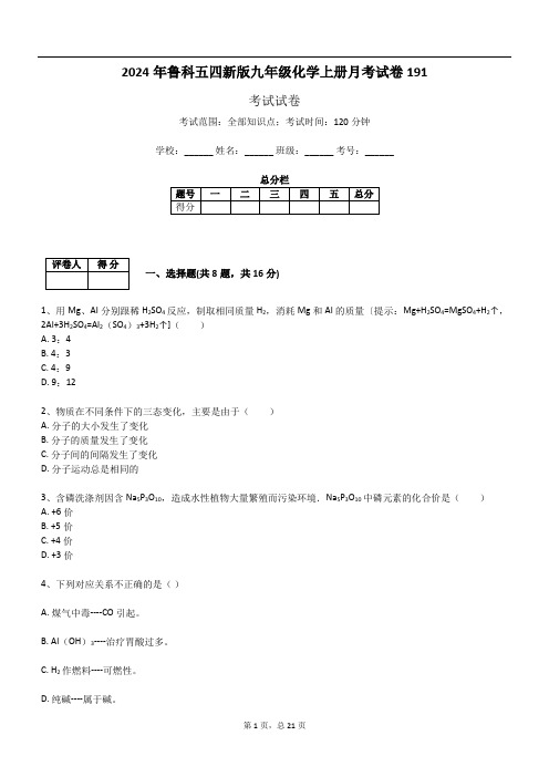 2024年鲁科五四新版九年级化学上册月考试卷191