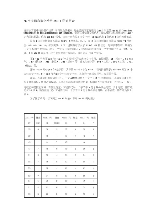 26个字母和数字符号ASCII码对照表