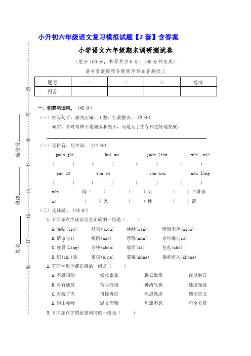 小学语文六年级第二学期期末调研测试卷【2套】含答案