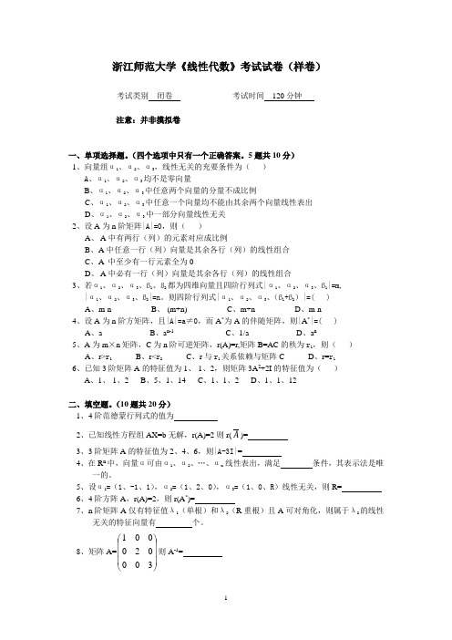 浙江师范大学《线性代数》考试试卷(样卷)