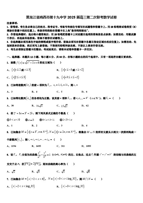 黑龙江省鸡西市第十九中学2025届高三第二次联考数学试卷含解析