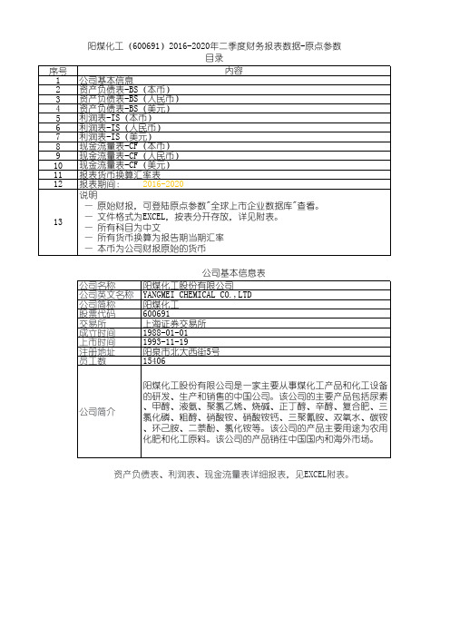 阳煤化工(600691)2016-2020年二季度财务报表数据-原点参数