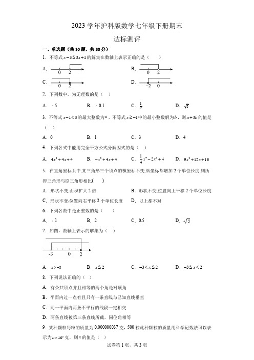 2022--2023学年沪科版数学七年级下册期末达标测评试题