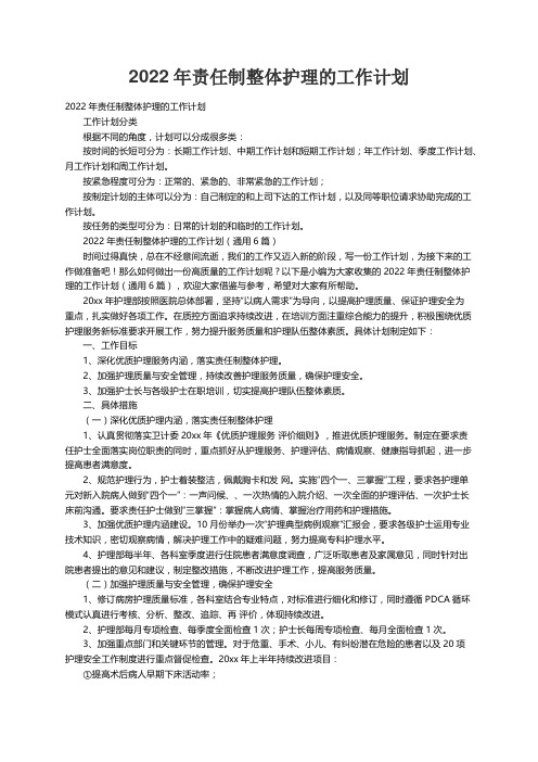 2022年责任制整体护理的工作计划（通用6篇）